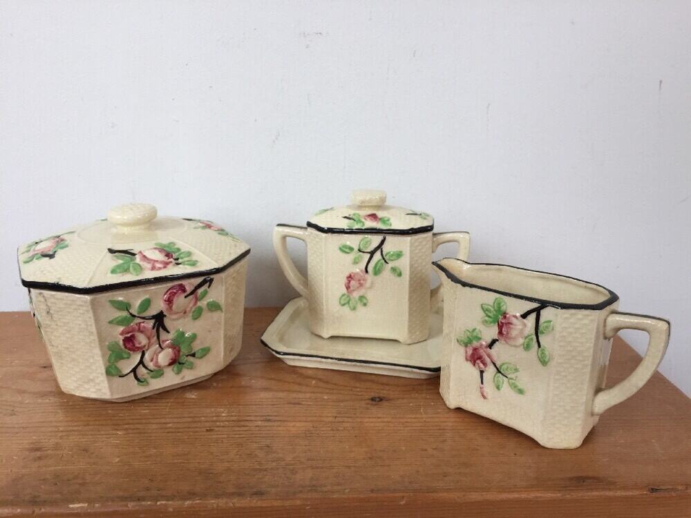 Vtg Moriyama Hand Painted Japan Basketweave Majolica Cookie Creamer Sugar Set